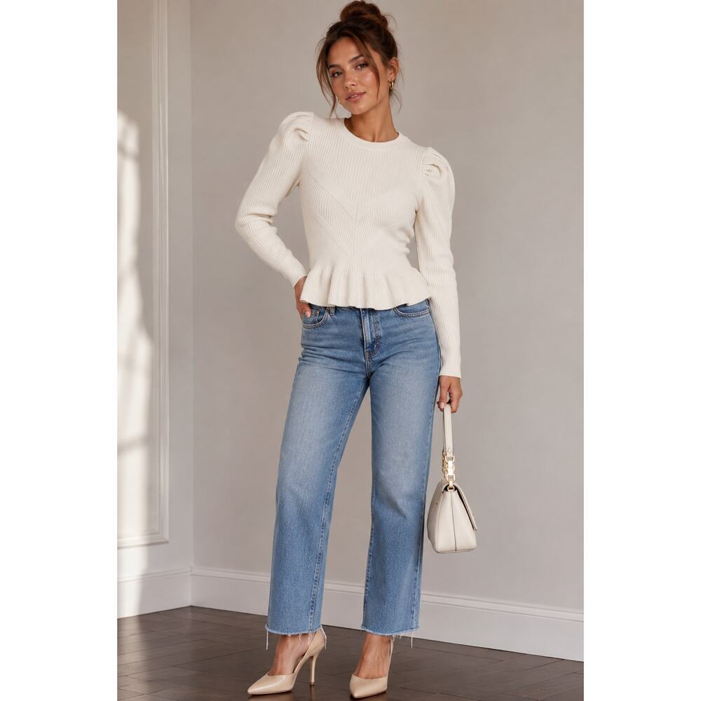 Express Ribbed Peplum Sweater XS Ivory Puff Sleeve Quiet Luxury NWT